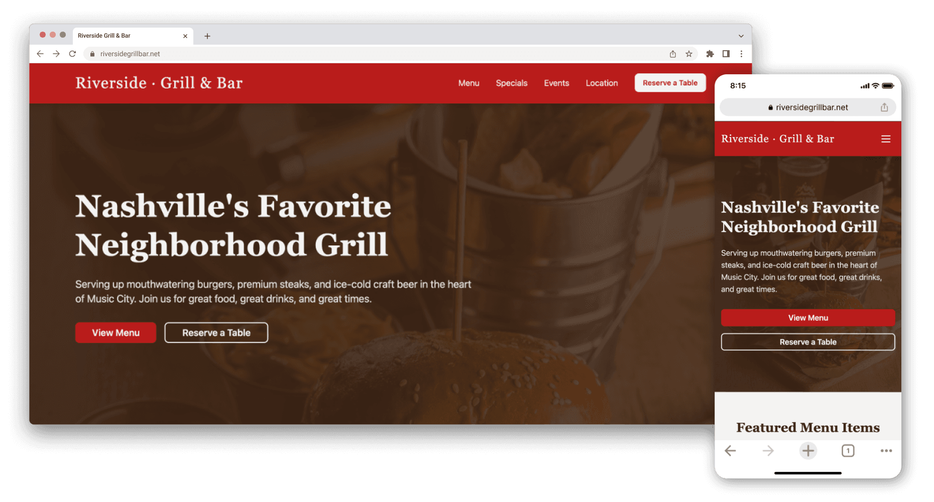 Riverside Grill & Bar website screenshot